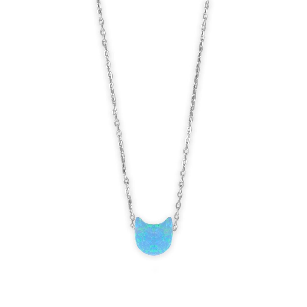 16 + 2 Rhodium Plated Synthetic Opal Kitty Cat Face Necklace