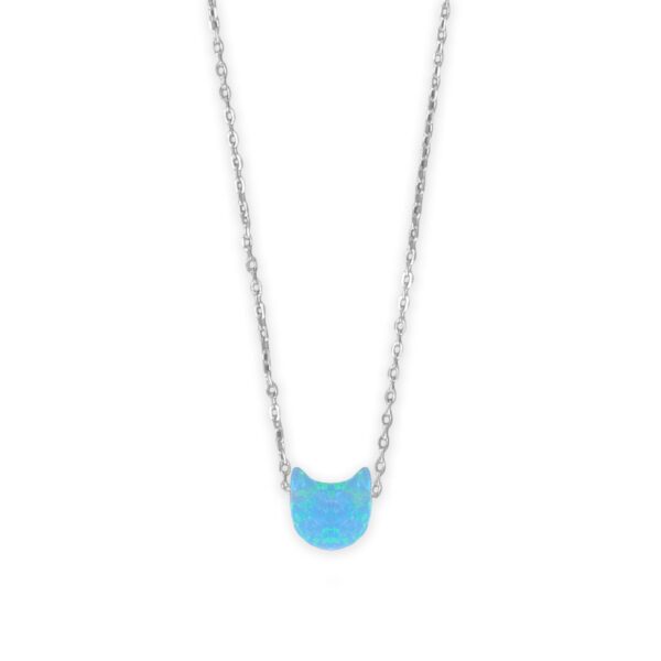 16 + 2 Rhodium Plated Synthetic Opal Kitty Cat Face Necklace