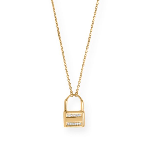 16 + 2 14 Karat Gold Plated CZ Lock Necklace