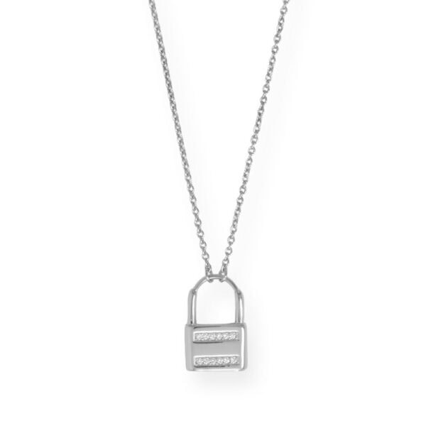 16 + 2 Rhodium Plated CZ Lock Necklace
