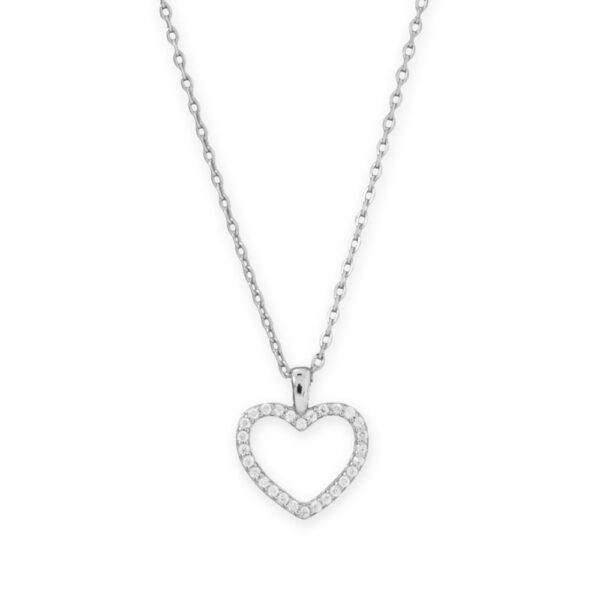 16 + 2 Rhodium Plated CZ Heart Necklace