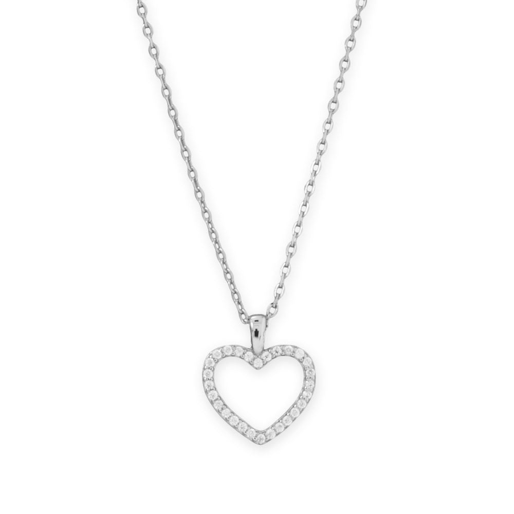 16 + 2 Rhodium Plated CZ Heart Necklace