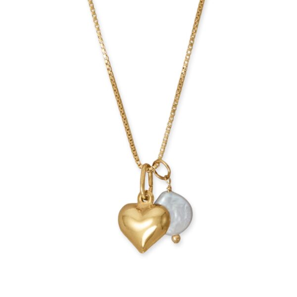 18 14 Karat Gold Plated Puffy Heart and Cultured Freshwater Coin Pearl Necklace