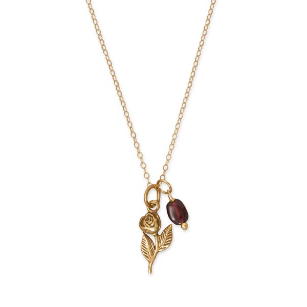 18 14 Karat Gold Plated Rose and Garnet Gem Drop Necklace