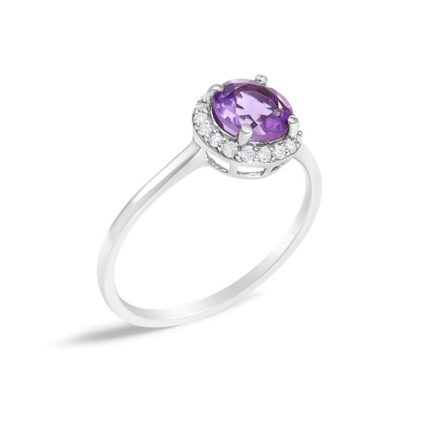 10K White Gold Amethyst Diamond Halo Ring Side View