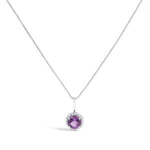 10K White Gold Amethyst Diamond Halo Necklace