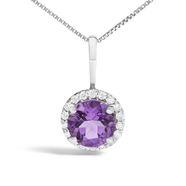 10K White Gold Amethyst Diamond Halo Necklace Close-Up