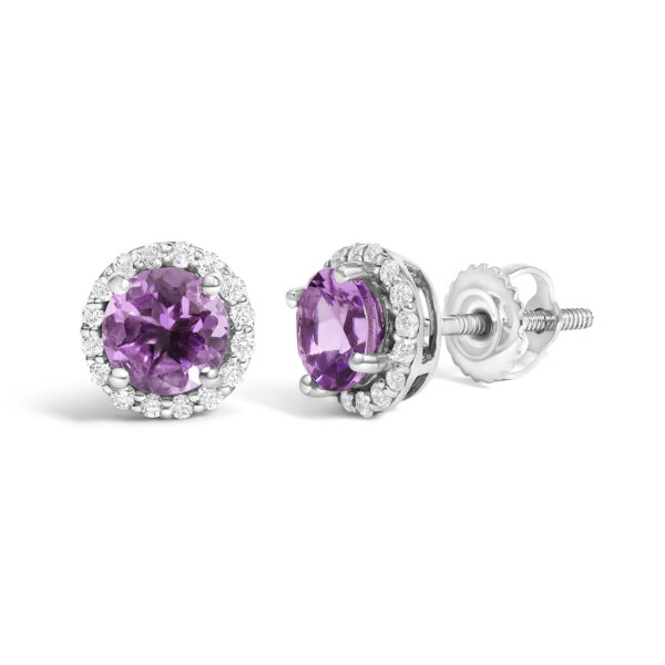 10K White Gold Amethyst Diamond Halo Earrings Close-Up