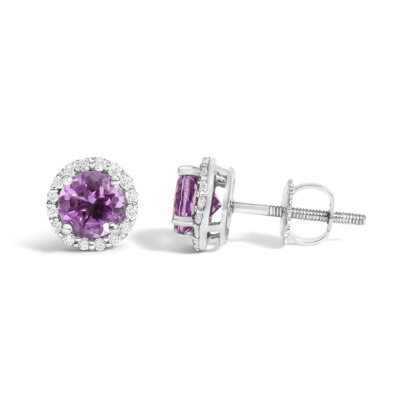 10K White Gold Amethyst Diamond Halo Earrings Side View