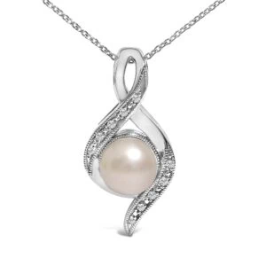 Sterling Silver Cultured Pearl Diamond Swirl Pendant