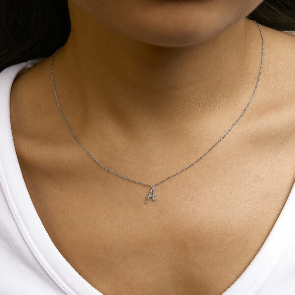 10K White Gold Diamond Initial Pendant Necklace Worn