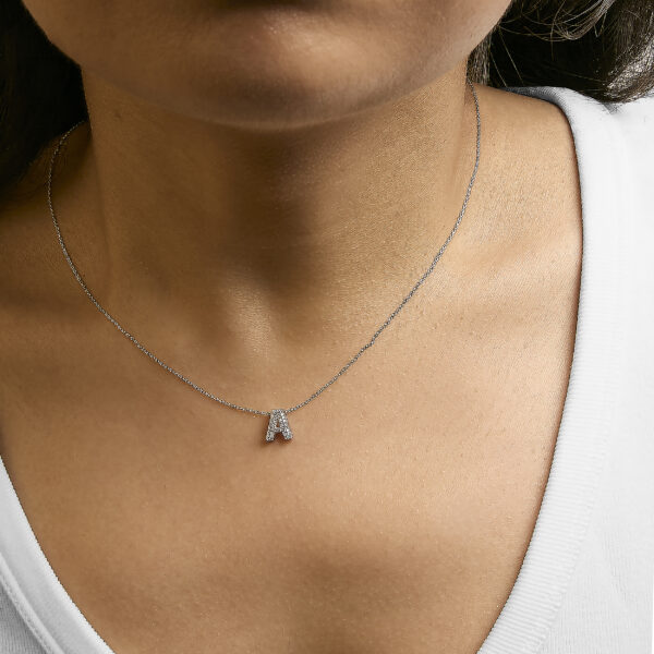 10K White Gold Diamond Initial Pendant Worn