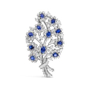 Platinum Blue Sapphire Diamond Floral Brooch