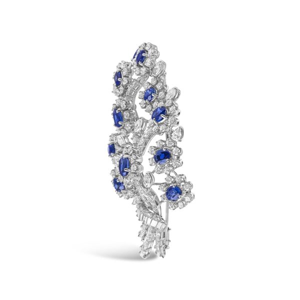 Platinum Blue Sapphire Diamond Floral Brooch Close-Up