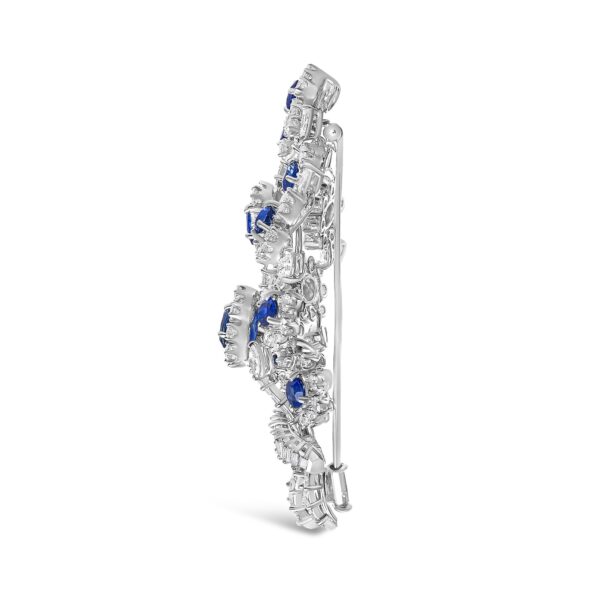 Platinum Blue Sapphire Diamond Floral Brooch Side View