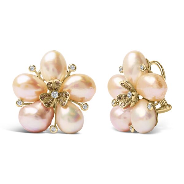 18K Rose Gold Diamond Pearl Blossom Earrings Close-Up