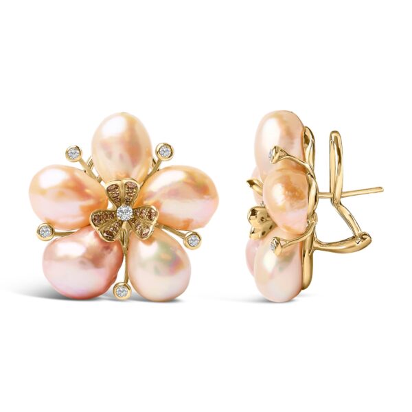 18K Rose Gold Diamond Pearl Blossom Earrings Side View
