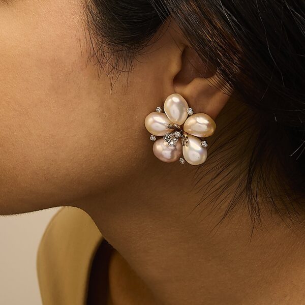 18K Rose Gold Diamond Pearl Blossom Earrings Worn