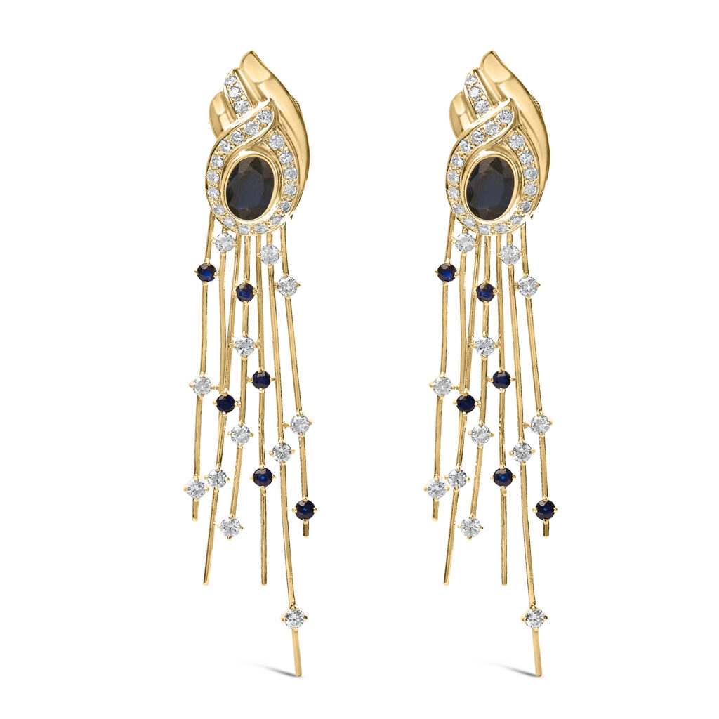 14K Yellow Gold Diamond Sapphire Chandelier Earrings