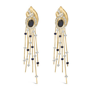 14K Yellow Gold Diamond Sapphire Chandelier Earrings