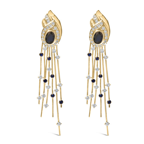 14K Yellow Gold Diamond Sapphire Chandelier Earrings