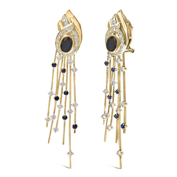 14K Yellow Gold Diamond Sapphire Chandelier Earrings Close-Up
