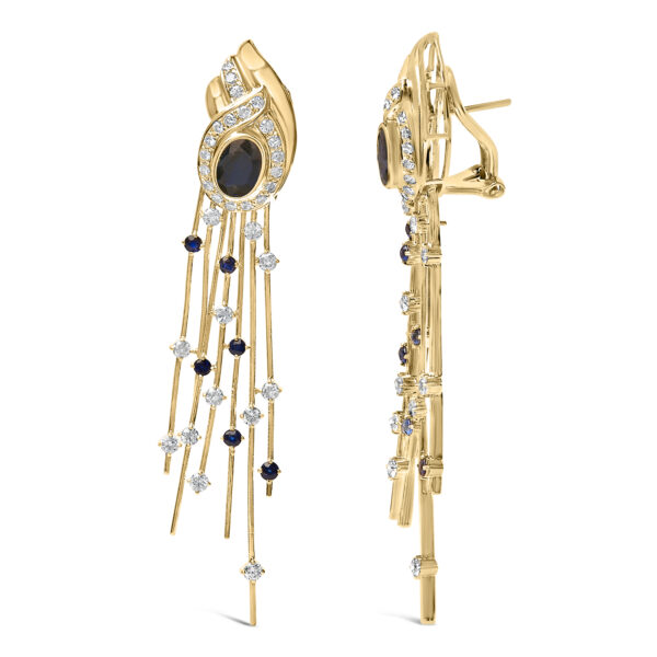 14K Yellow Gold Diamond Sapphire Chandelier Earrings Side View
