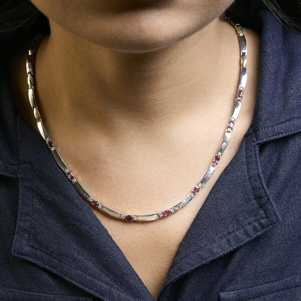 14K Yellow Gold Oval Ruby Diamond Necklace Worn
