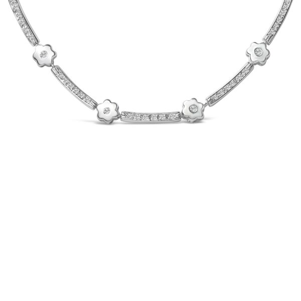 14K White Gold Diamond Flower Station Necklace Close-Up