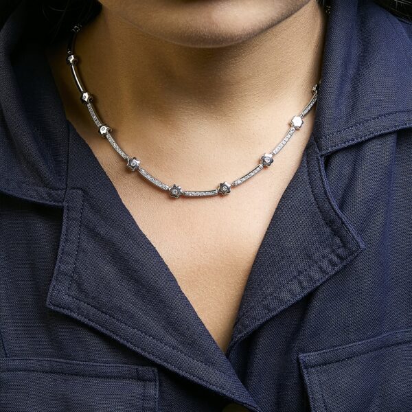 14K White Gold Diamond Flower Station Necklace Worn
