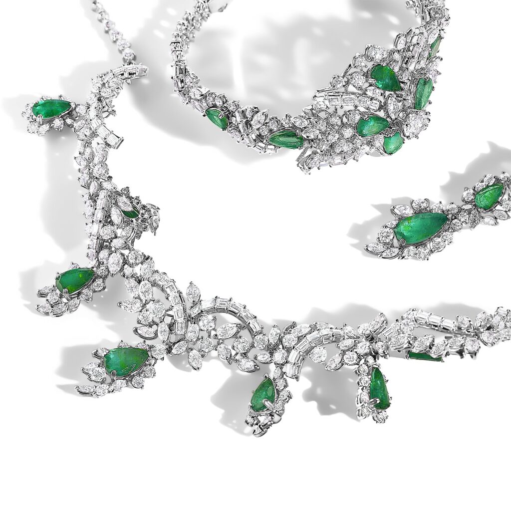 Platinum Diamond Emerald Three-Piece Jewelry Set