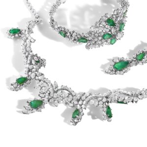 Platinum Diamond Emerald Three-Piece Jewelry Set