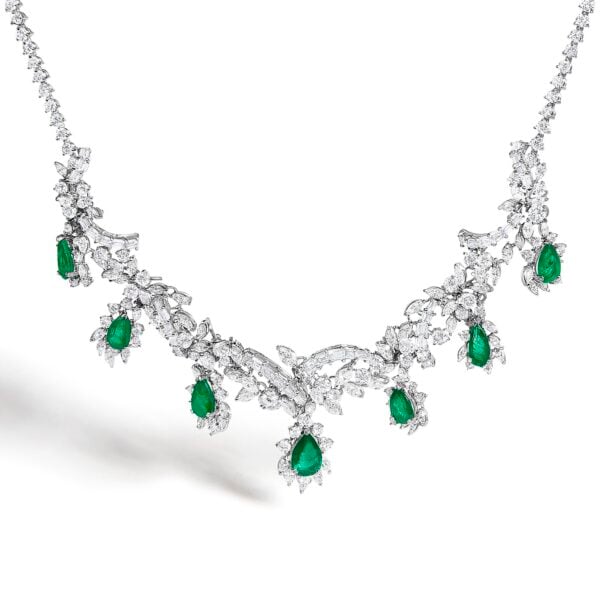 Platinum Diamond Emerald Three-Piece Jewelry Set Side View