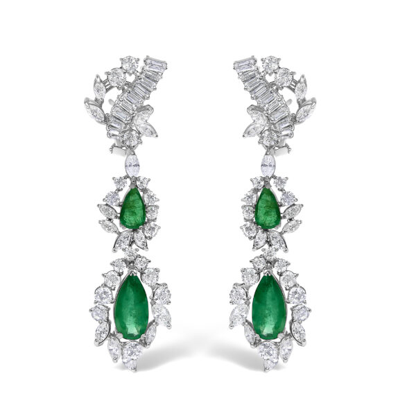 Platinum Diamond Emerald Three-Piece Jewelry Set Detail Shot