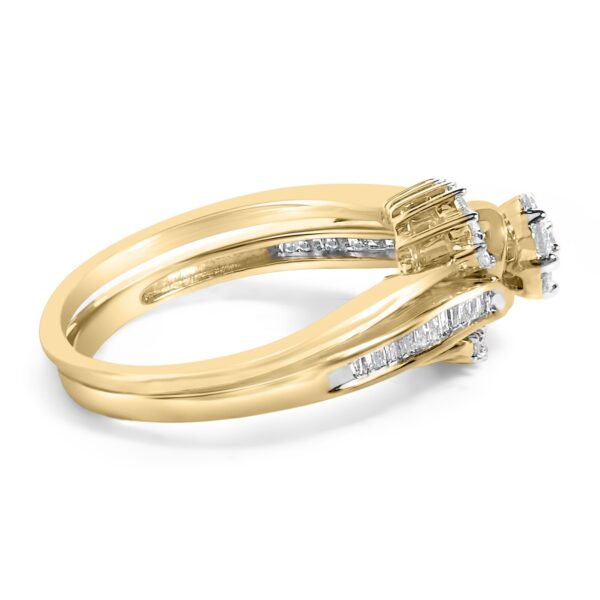 Close view of the channel-set baguette diamonds along the spiral of the bridal set