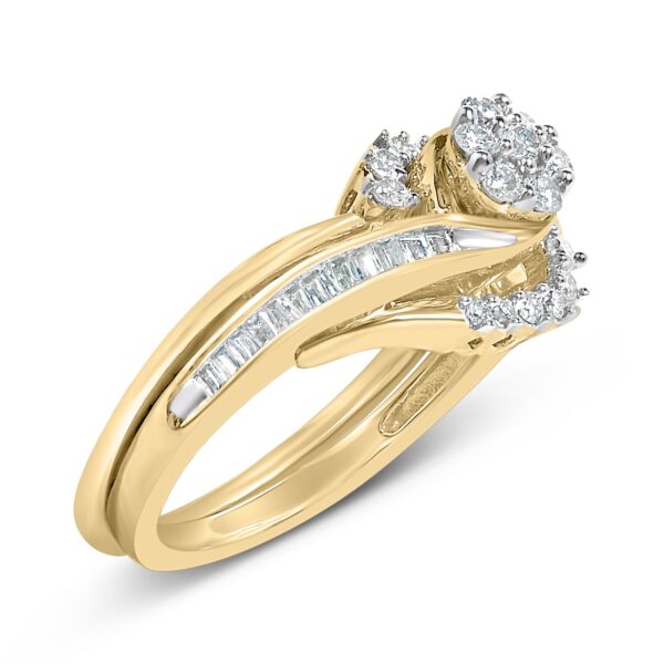 Close view of the round diamonds set in prongs within the cluster of the bridal set