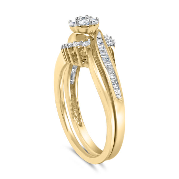 Side profile of the spiral bridal set showing the yellow and white tones of the plated metal