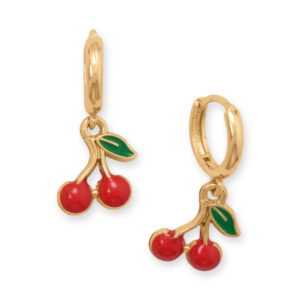 Gold Tone Red Enamel Cherry Drop Fashion Hoop Earrings