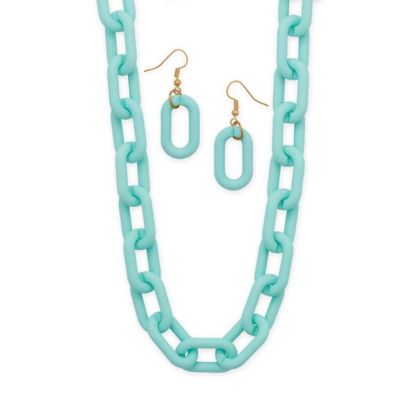 16 + 3 Gold Tone Pastel Blue Silicone Link Fashion Necklace and Earring Set