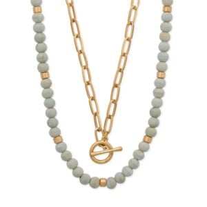15 + 3 / 17 Wood Bead and Paperclip Style Toggle Fashion Necklace Set