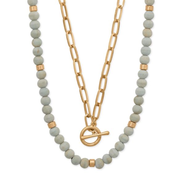 15 + 3 / 17 Wood Bead and Paperclip Style Toggle Fashion Necklace Set