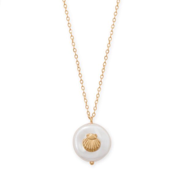 16 + 3 Gold Tone Imitation Coin Pearl and Seashell Fashion Necklace