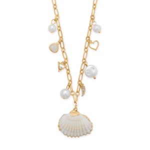 16 + 3 Gold Tone Shell and Pearl Charm Fashion Necklace