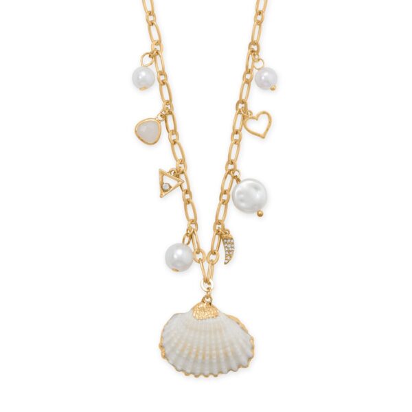 16 + 3 Gold Tone Shell and Pearl Charm Fashion Necklace
