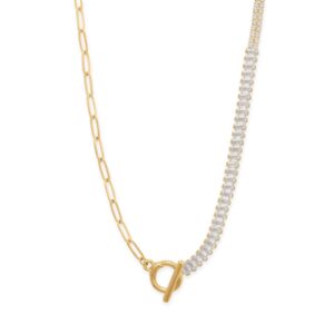 18 Gold Tone Asymmetrical CZ and Paperclip Toggle Fashion Necklace