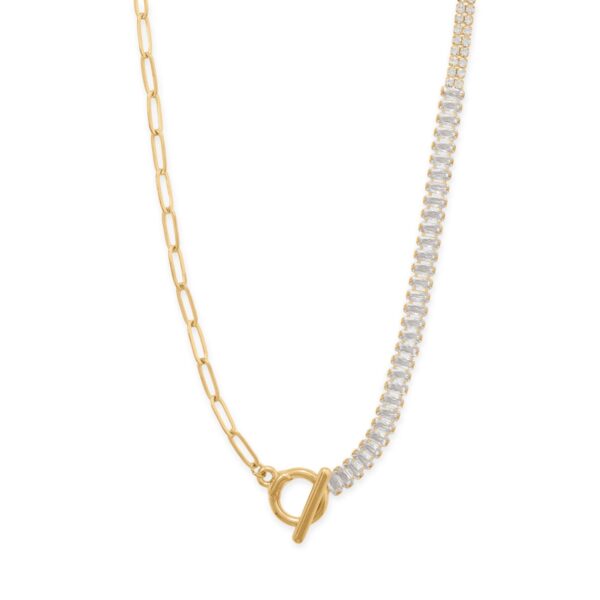18 Gold Tone Asymmetrical CZ and Paperclip Toggle Fashion Necklace