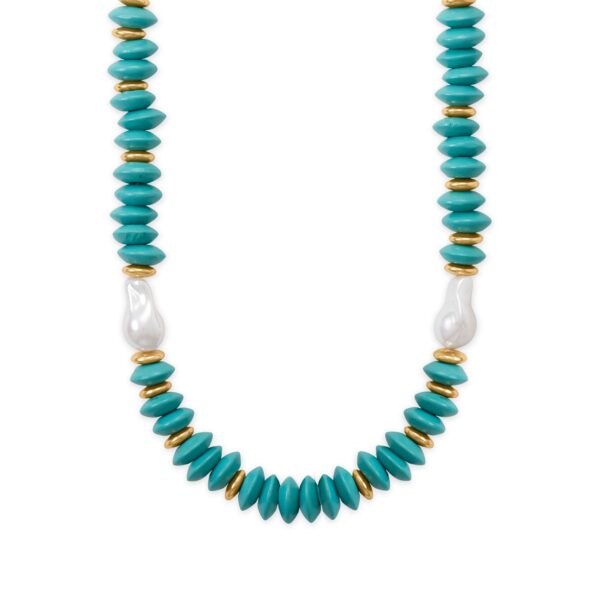 16 + 3 Gold Tone Imitation Pearl and Wood Bead Fashion Necklace