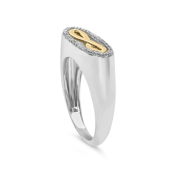 Natural round diamond infinity ring in a shared prong setting.