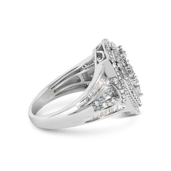 Side angle of a rhodium plated over .925 sterling silver ring set with channel-set baguette diamonds