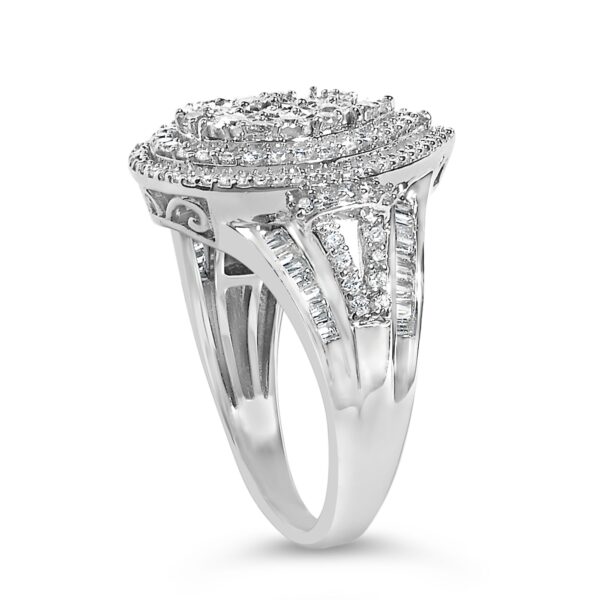 Top-down view of a pear-shaped triple halo diamond cluster ring in rhodium plated over .925 sterling silver